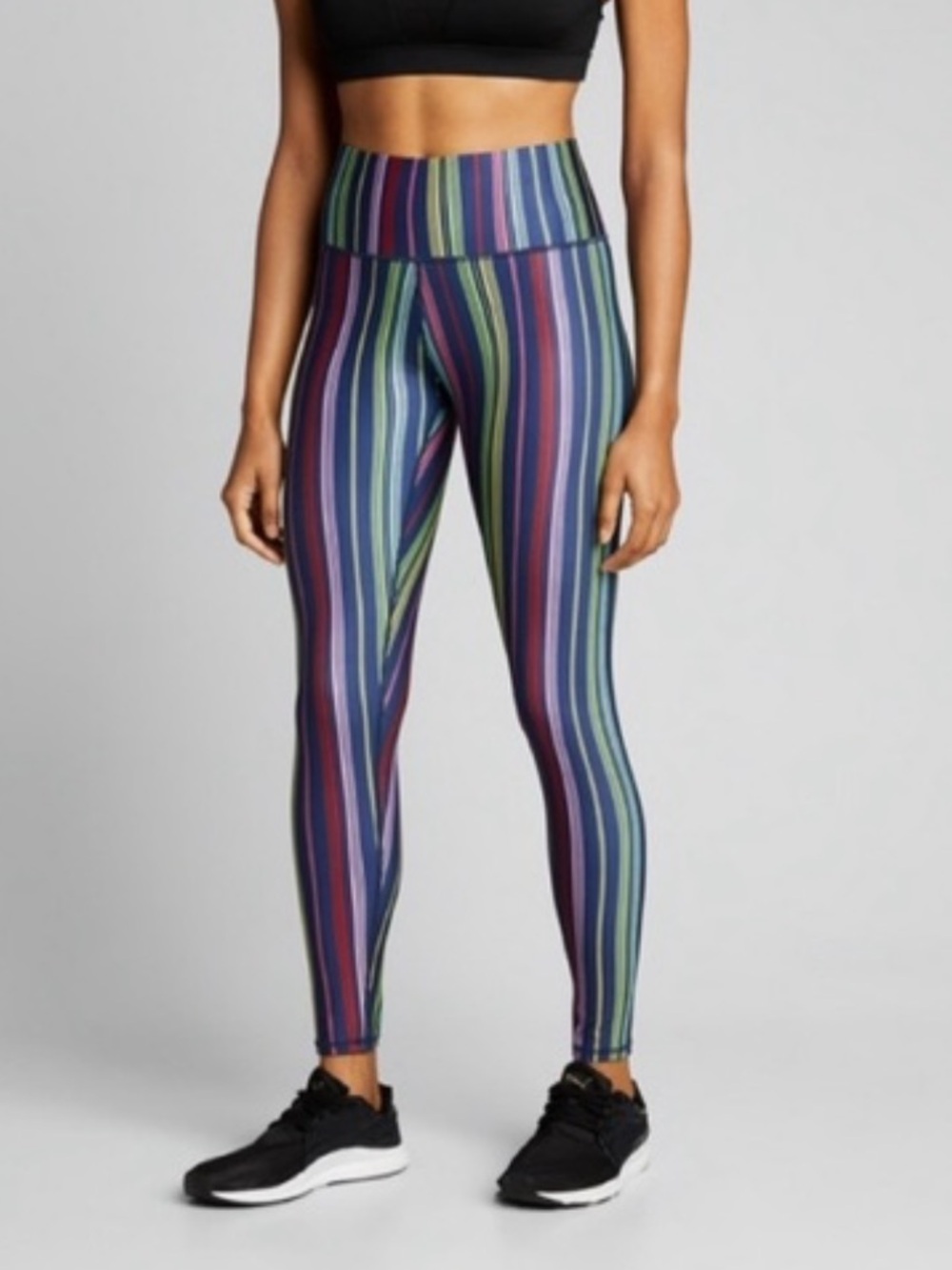 Terez Striped High-Waist Leggings in Green, Blue & Purple small